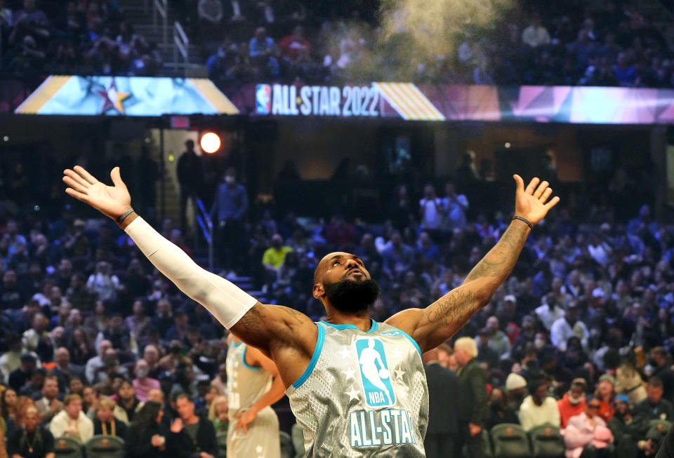 LeBron James bathed in the cheers at the 2022 NBA All-Star Game in Cleveland on Feb. 20, 2022. (Kevin Mazur/Getty Images)