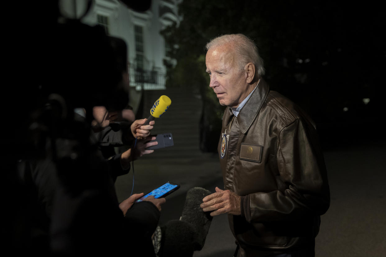 President Biden speaks to the media upon his arrival to the White House after his G20 trip in Washington, DC, United States on November 17, 2022. (Anadolu Agency via Getty Images)