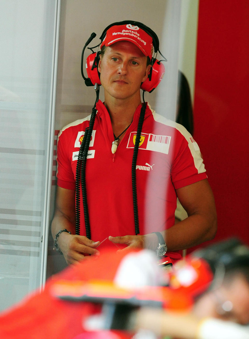 Michael Schumacher in the pits during practice day at the Circuit Valencia, Spain.