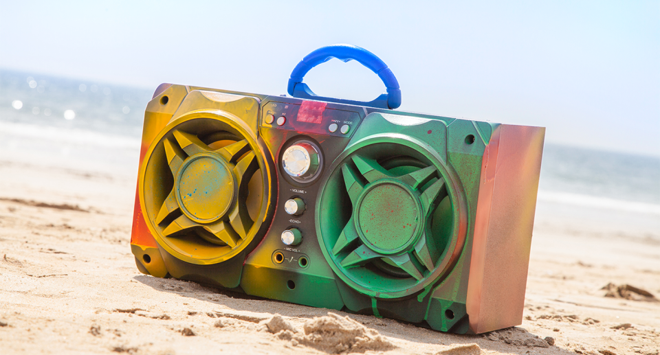 A boombox at the beach. 