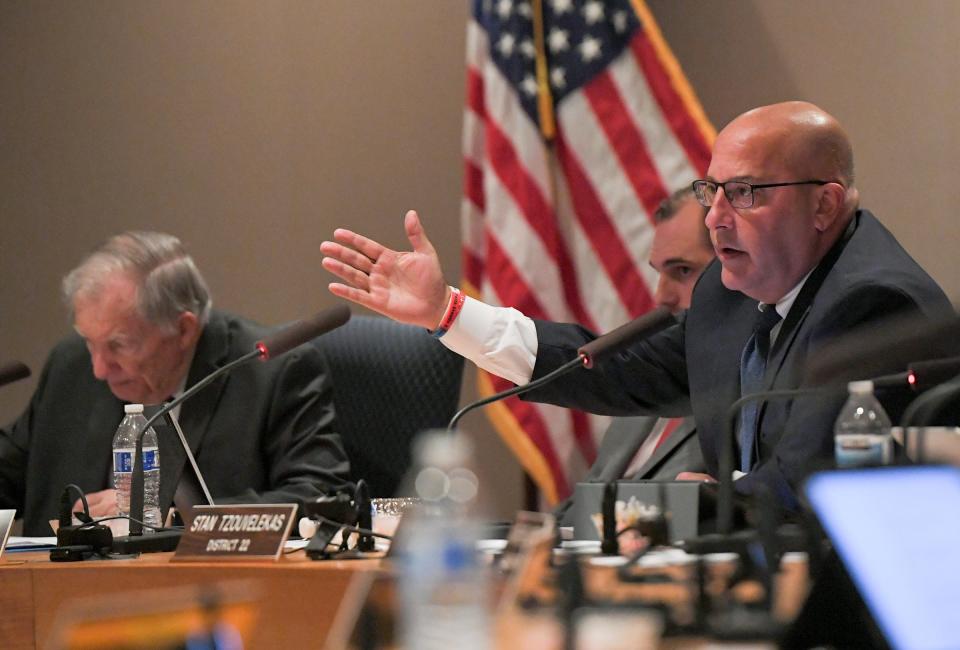 Greenville County Council will hear a resolution Tuesday night seeking to eradicate Greenville Women’s Clinic by revoking its business license. Behind the resolution is Republican Councilmember Stan Tzouvelekas – no stranger to an anti-abortion stance. Tzouvelekas is pictured at a Nov. 1, 2022 County Council meeting. (KEN RUINARD FILE PHOTO)