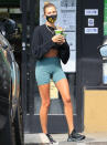 <p>Hailey Baldwin grabs green juices with a friend after a workout on Monday in Los Angeles. </p>