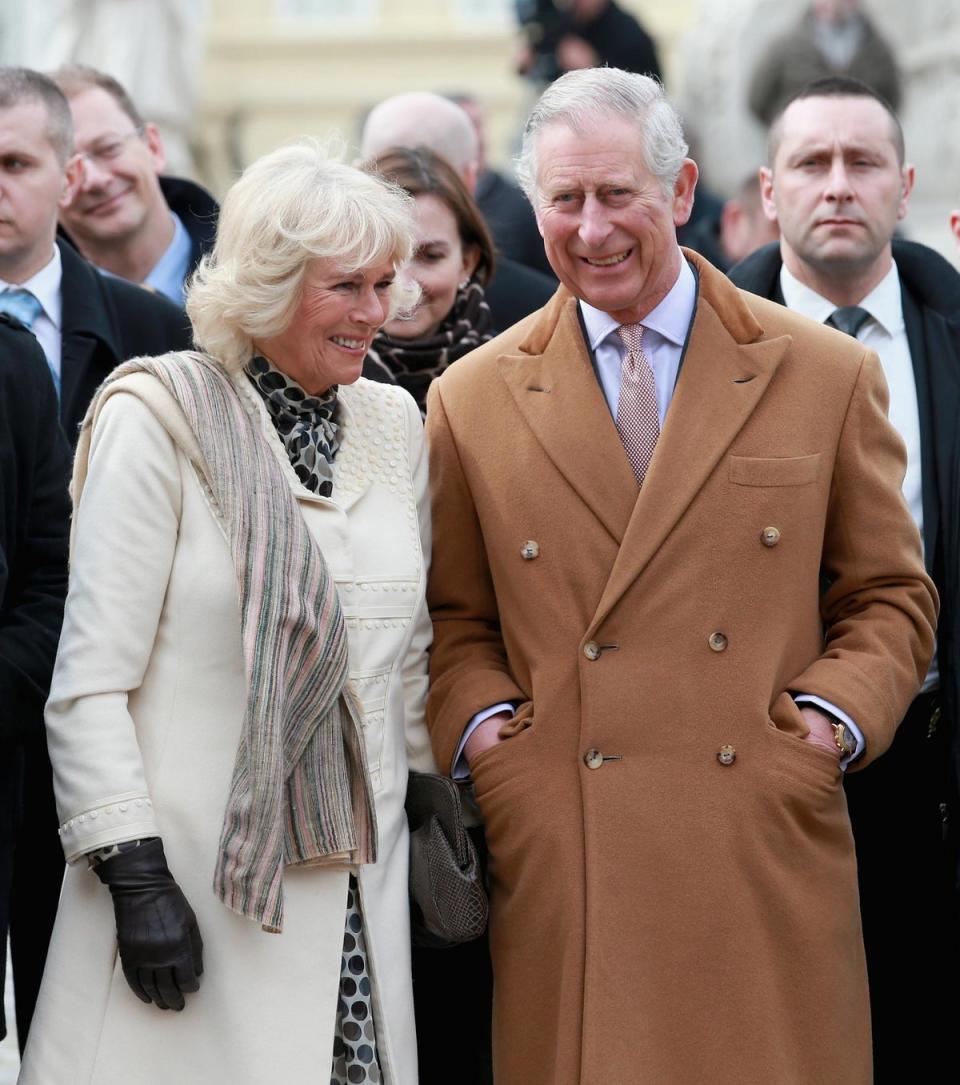 Prince Charles and Camilla watch traditional Croation Dancers in the town square on March 15, 2016 in Osijek, Croatia (Getty Images)
