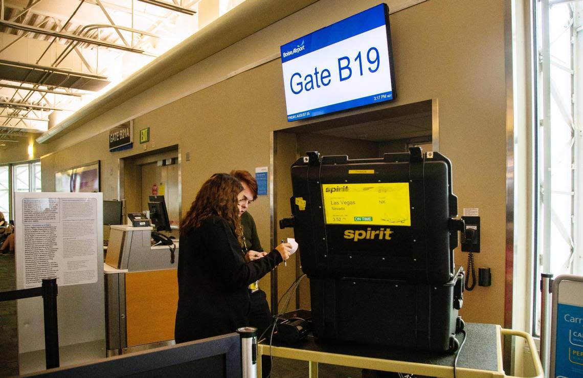The first Spirit flight arrives into gate B19 at the Boise Airport from Las Vegas on Friday, Aug. 5, 2022.
