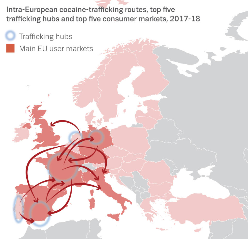 A graphic showing the routes taken to traffick cocaine. (EMCDDA) and Europol/PA)