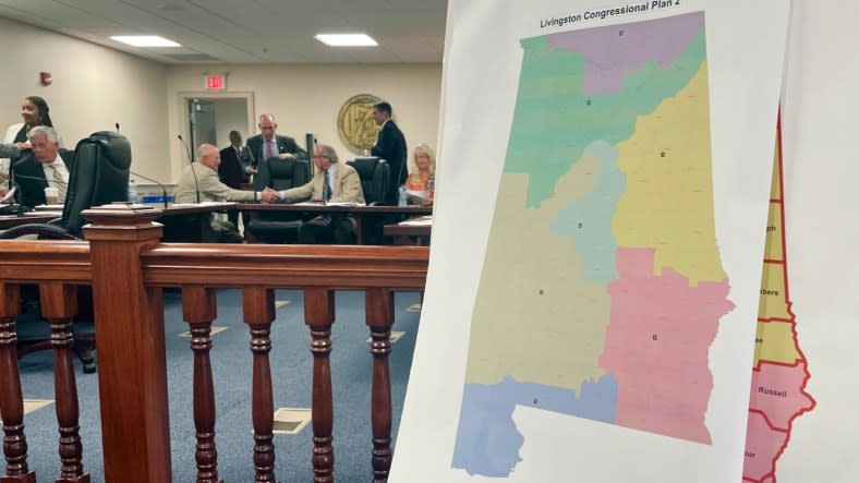FILE – A map of a GOP proposal to redraw Alabama’s congressional districts is displayed at the Alabama Statehouse in Montgomery, Ala., July 18, 2023. The Supreme Court is allowing work to proceed on a new Alabama congressional map with greater representation for Black voters, rejecting the state’s plea to retain Republican-drawn lines struck down by a lower court. (AP Photo/Kim Chandler, File)