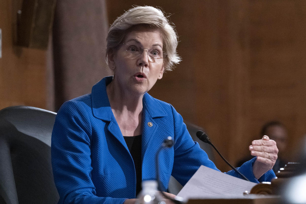 Sen. Elizabeth Warren, D-Mass., speaks during the hearing of Federal Reserve Board Chair Jerome Powell, before Senate Banking, Housing, and Urban Affairs hearing to examine the Semiannual Monetary Policy Report to Congress, on Capitol Hill in Washington Thursday, July 15, 2021. (AP Photo/Jose Luis Magana)