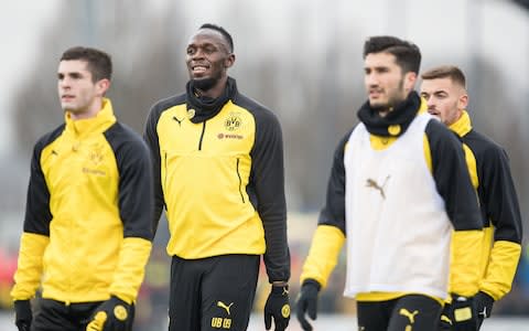 Usain Bolt at Dortmund training - Credit: Getty images