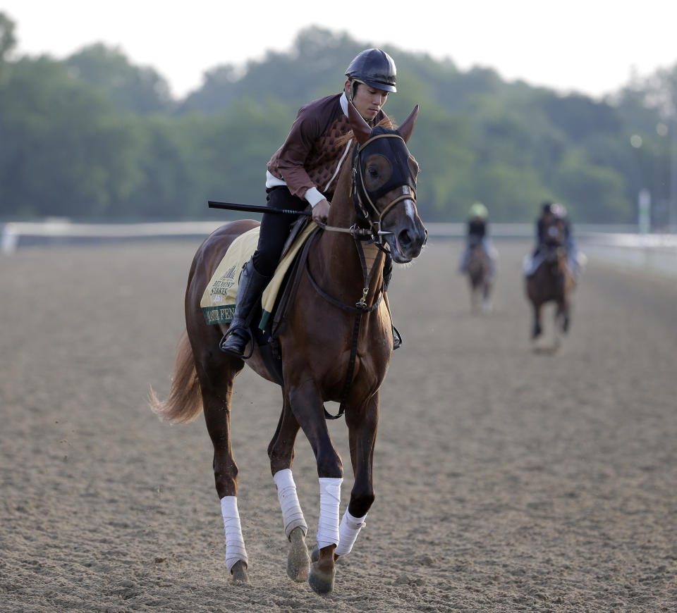 Exercise rider Yosuke Kono rides Master Fencer during a workout at Belmont Park in Elmont, N.Y., Friday, June 7, 2019. The 151st Belmont Stakes horse race will be run on Saturday, June 8, 2019. (AP Photo/Seth Wenig)