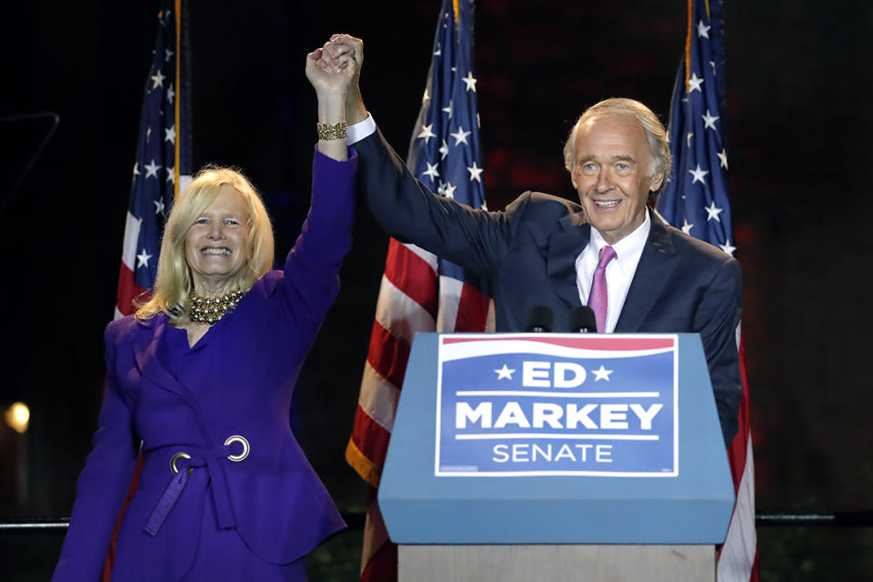 Incumbent U.S. Sen. Edward Markey celebrates with wife Susan, left, in Malden, Mass., after defeating U.S. Rep. Joe Kennedy III in the Massachusetts Democratic Senate primary. 