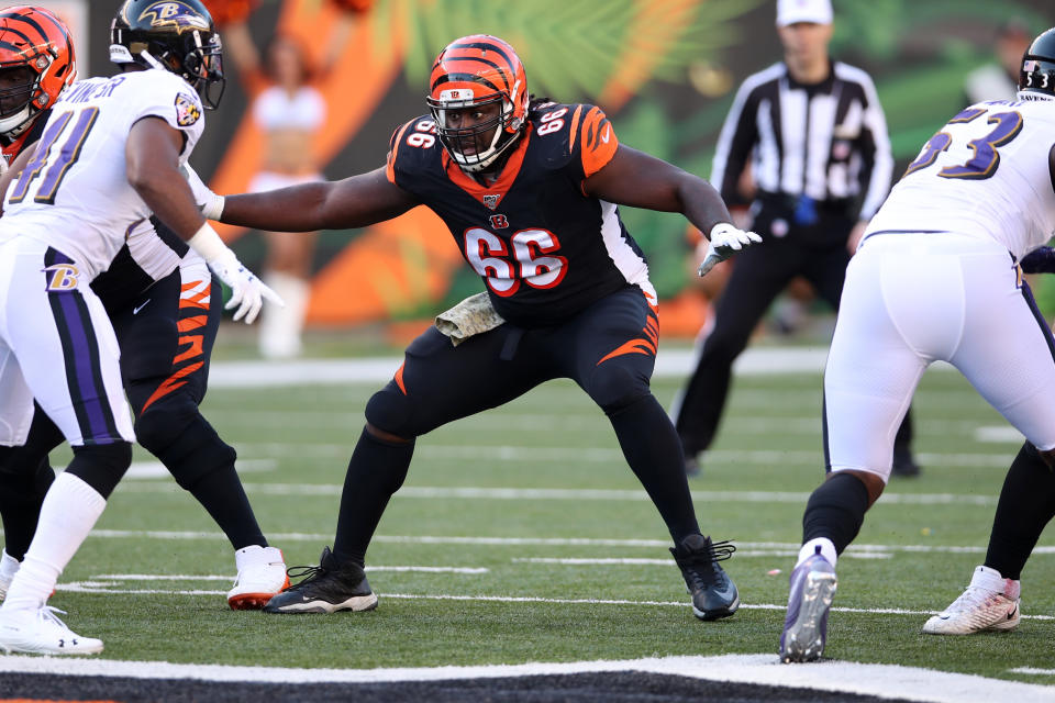 CINCINNATI, OH - NOVEMBER 10:  Trey Hopkins #66 of the Cincinnati Bengals looks on during the game against the Baltimore Ravens at Paul Brown Stadium on November 10, 2019 in Cincinnati, Ohio.  The Ravens defeated the Bengals 49-13.  (Photo by Rob Leiter/Getty Images)