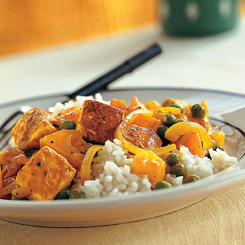 Tofu with Red Curry Paste, Peas, and Yellow Tomatoes