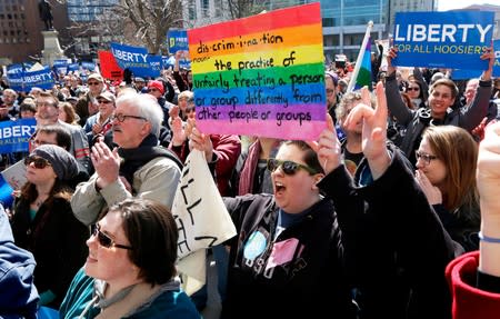 FILE PHOTO: Demonstrators gather to protest a controversial religious freedom bill in Indianapolis