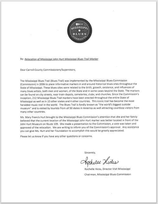 Mary Hurt and Rochelle Hicks both provided the Clarion Ledger with the letter of confirmation Hurt received from the blues commission on or around June 15, 2023, which stated the site change was voted on and approved by the Mississippi Blues Trail Commission.