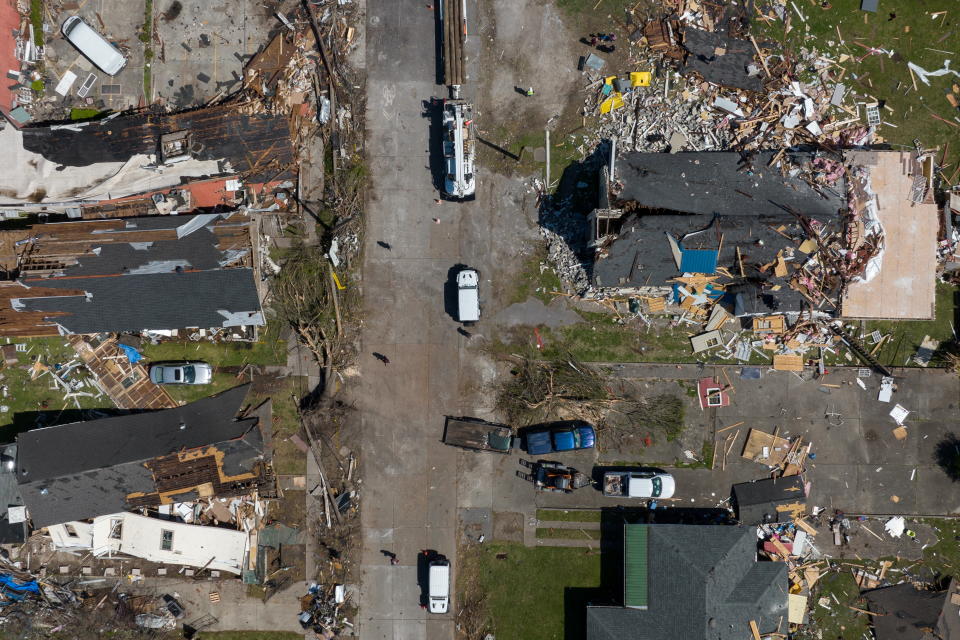Destroyed businesses in the aftermath of a tornado