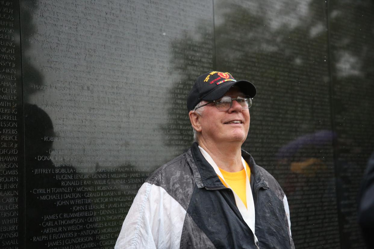 Lee Skornia, a Vietnam War veteran who served in the Army, smiles in front of the Vietnam War Memorial, April 27, 2024.