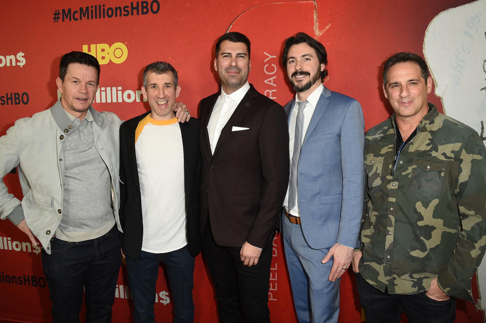 LOS ANGELES, CA - JANUARY 30: (L-R) Mark Wahlberg, Archie Gips, James Lee Hernandez, Brian Lazarte and Stephen Levinson attend the Los Angeles Premiere Of "McMillions" From HBO on January 30, 2020 in Los Angeles, California.  (Photo by FilmMagic/FilmMagic for HBO)