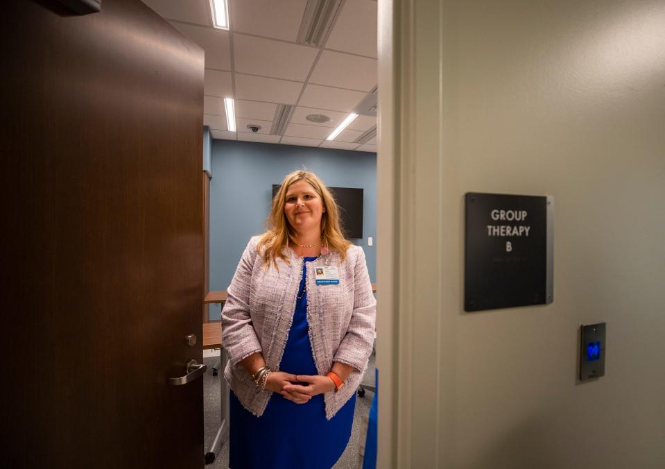 Alice Nuttall AVP Behavioral Health gives a tour of a Therapy room at the new Harrell Family Center for Behavioral Wellness in Lakeland Fl. Tuesday August 16,  2022. Lakeland Regional Health has finished construction of its new Center for Behavioral Health and Wellness on its main campus. ERNST PETERS/ THE LEDGER