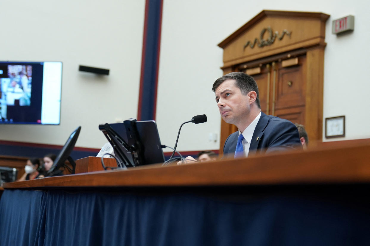 U.S. Secretary of Transportation Pete Buttigieg testifies before the House Committee on Transportation and Infrastructure during a hearing on 