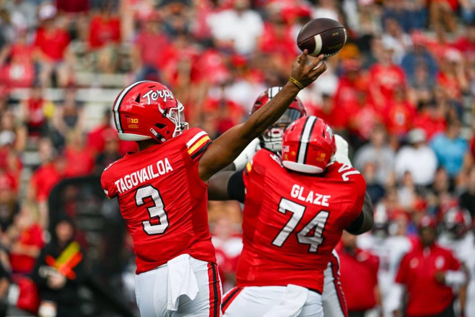 Sep 30, 2023; College Park, Maryland, USA; Maryland Terrapins quarterback Taulia Tagovailoa (3) throws as offensive lineman Delmar Glaze (74) blocks during the first half against the Indiana Hoosiers at SECU Stadium.