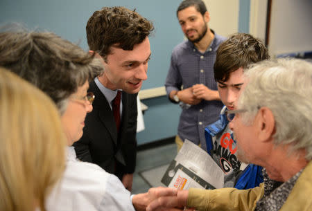 Democratic candidate Jon Ossoff greets supporters after the League of Women Voters' candidate forum for Georgia's 6th Congressional District special election to replace Tom Price, who is now the secretary of Health and Human Services, in Marietta, Georgia, U.S. April 3, 2017. REUTERS/Bita Honarvar