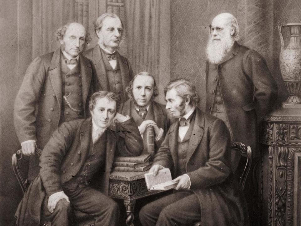 English sociologist Herbert Spencer with Charles Lamb, Reverend Charles Kingsley, John Stuart Mill, John Ruskin and Charles DarwinGetty