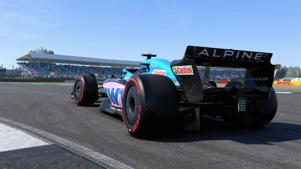 An Alpine F1 car in F1 22 at Silverstone