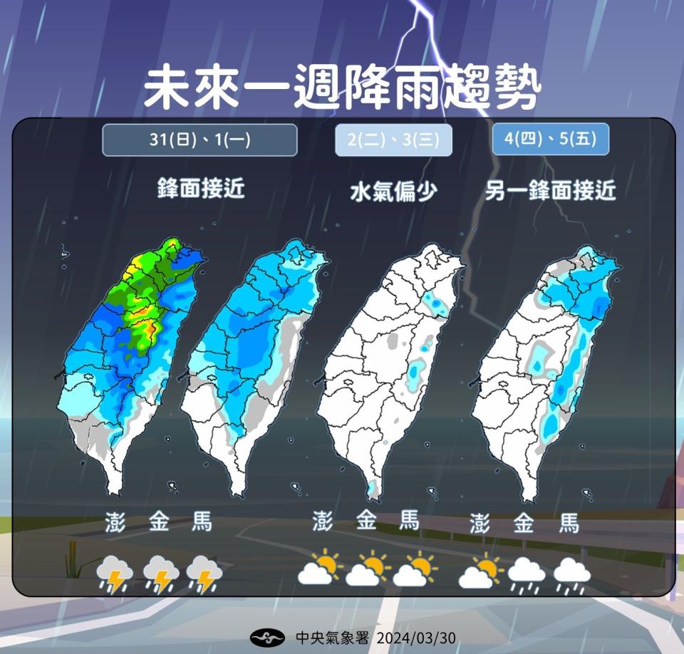 明後天鋒面接近全台有雨。（圖／翻攝自氣象署）