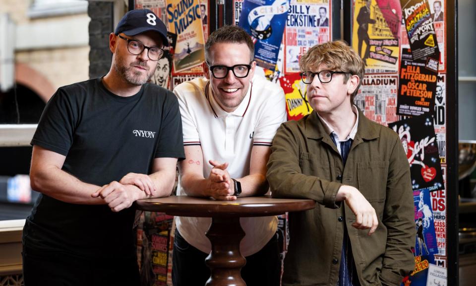 <span>From left to right: Michael Marden, Chris Scull and Josh Widdicombe prior to the final live show of Quickly Kevin, Will He Score? at the London Palladium last month.</span><span>Photograph: Linda Nylind/The Guardian</span>