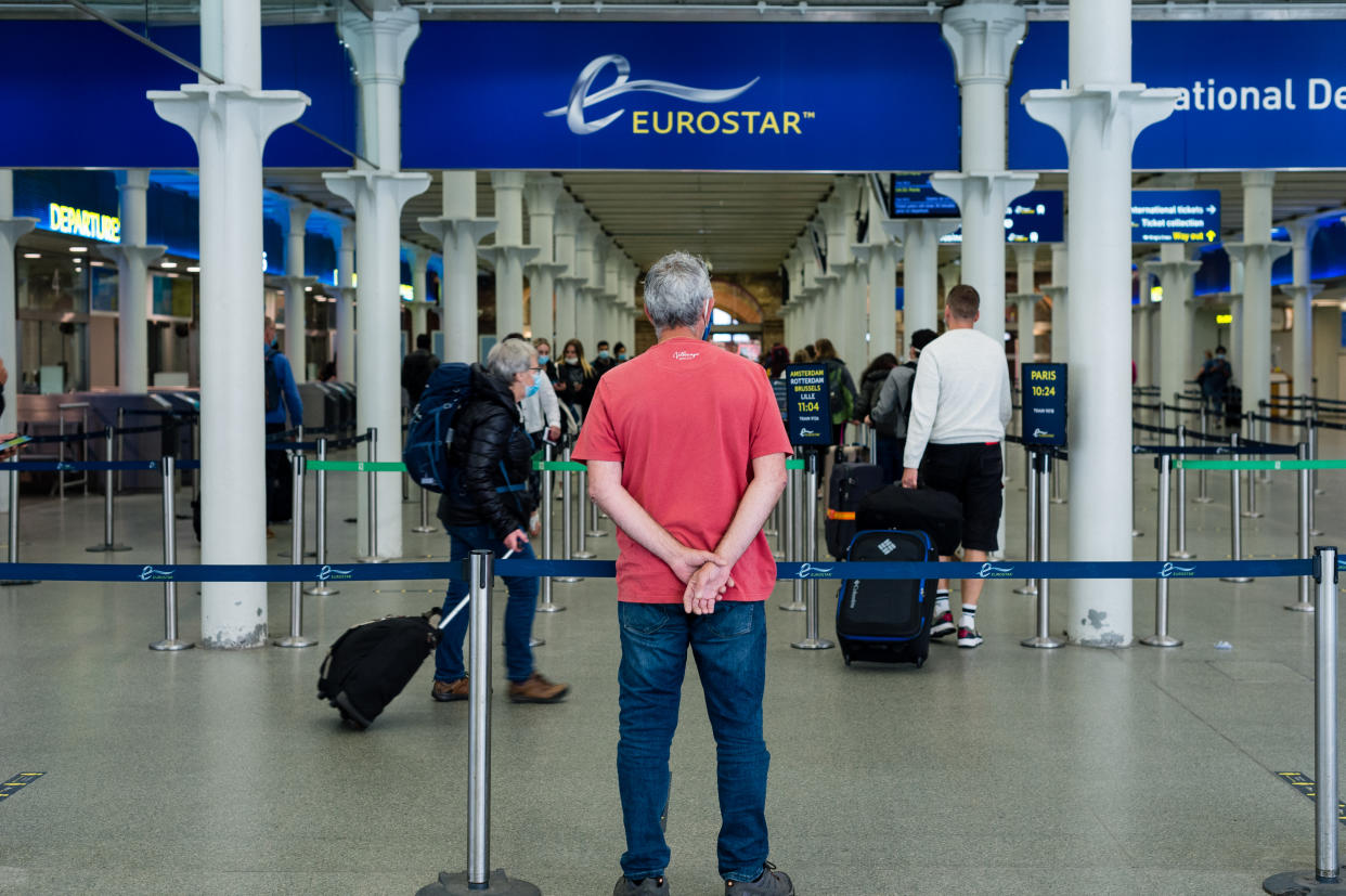 Travellers boarding the train in St Pancras International in London, Britain, 10 July 2020. English holidaymakers will be able to visit Spain, Italy, France and Germany without having to quarantine for 14 days on their return. (Photo by Maciek Musialek/NurPhoto via Getty Images)