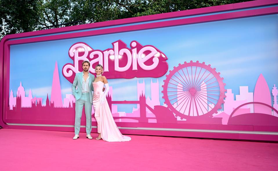 Ryan Gosling and Margot Robbie attend the "Barbie" European Premiere at Cineworld Leicester Square in London, England.