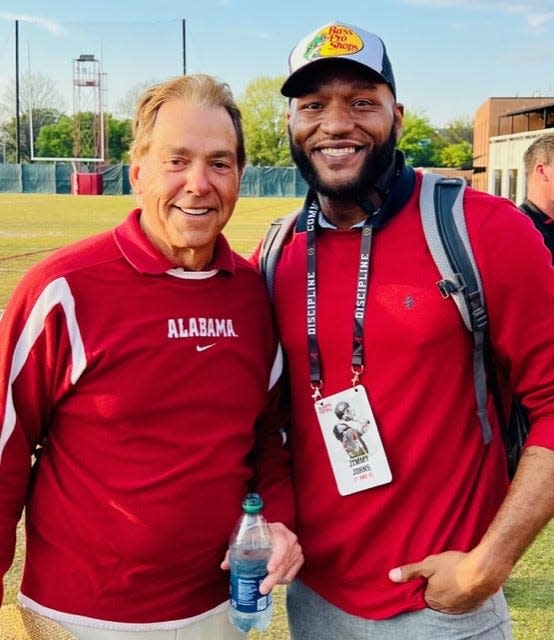 Former Alabama RB Jimmy Johns with Crimson Tide coach Nick Saban.