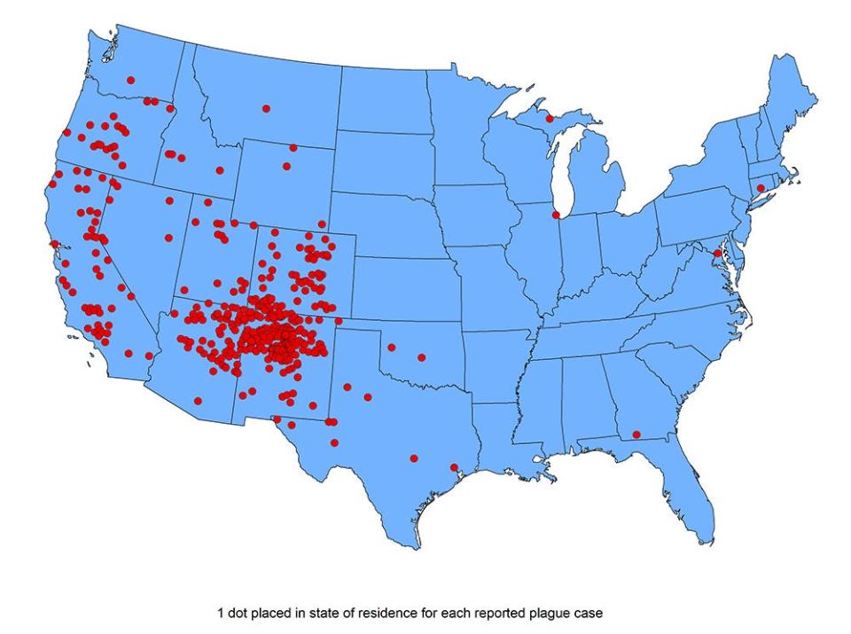 A map of plague infections in the U.S. by state from 1970 to 2020.