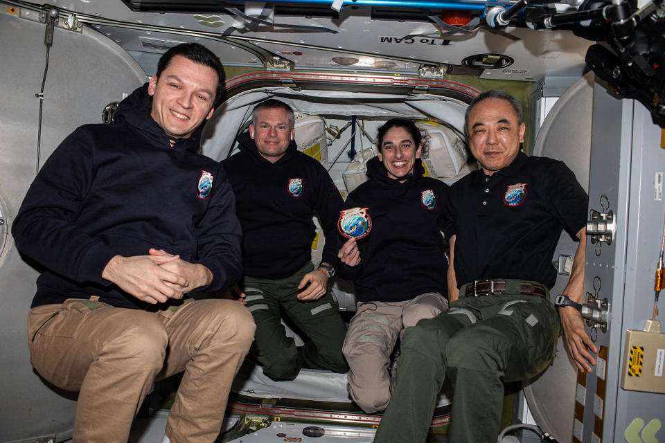 From left, the Crew 7 astronauts pose for a group photo aboard the International Space Station: cosmonaut Konstantin Borisov, European Space Agency astronaut Andreas Mogensen, commander Jasmin Moghbeli and Japanese astronaut Satoshi Furukawa.  / Credit: NASA