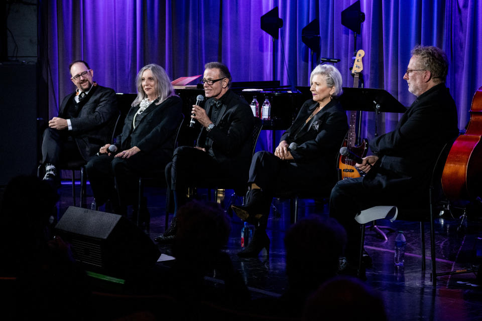 LOS ANGELES, CALIFORNIA - NOVEMBER 03: (L-R) Trist Curless, Cheryl Bentyne, Alan Paul, Janis Siegel and Chris Willman speak during The Drop: The Manhattan Transfer at The GRAMMY Museum on November 03, 2022 in Los Angeles, California. (Photo by Timothy Norris/Getty Images for The Recording Academy)