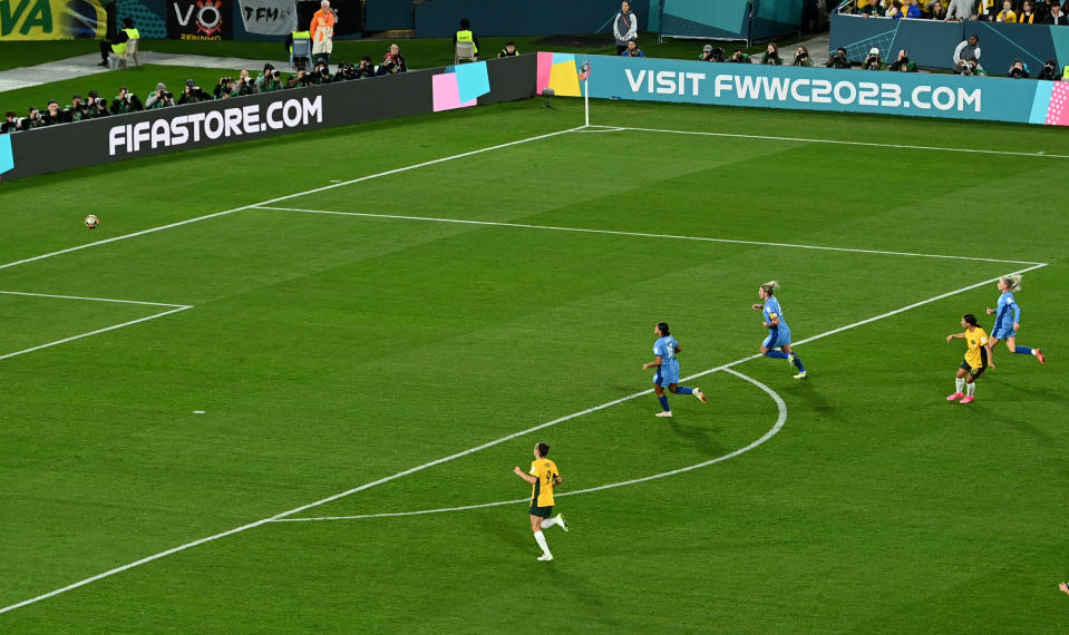 Soccer Football - FIFA Women’s World Cup Australia and New Zealand 2023 - Semi Final - Australia v England - Stadium Australia, Sydney, Australia - August 16, 2023 Australia's Sam Kerr scores their first goal REUTERS/Jaimi Joy