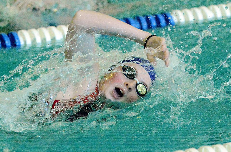 Averi Reidburn of the Watertown Area Swim Club competes in the girls' 11-12 50-yard freestyle on Saturday, Feb. 25, 2023 during the South Dakota State Short Course 12-and-Under Swim Championships at the Prairie Lakes Wellness Center.