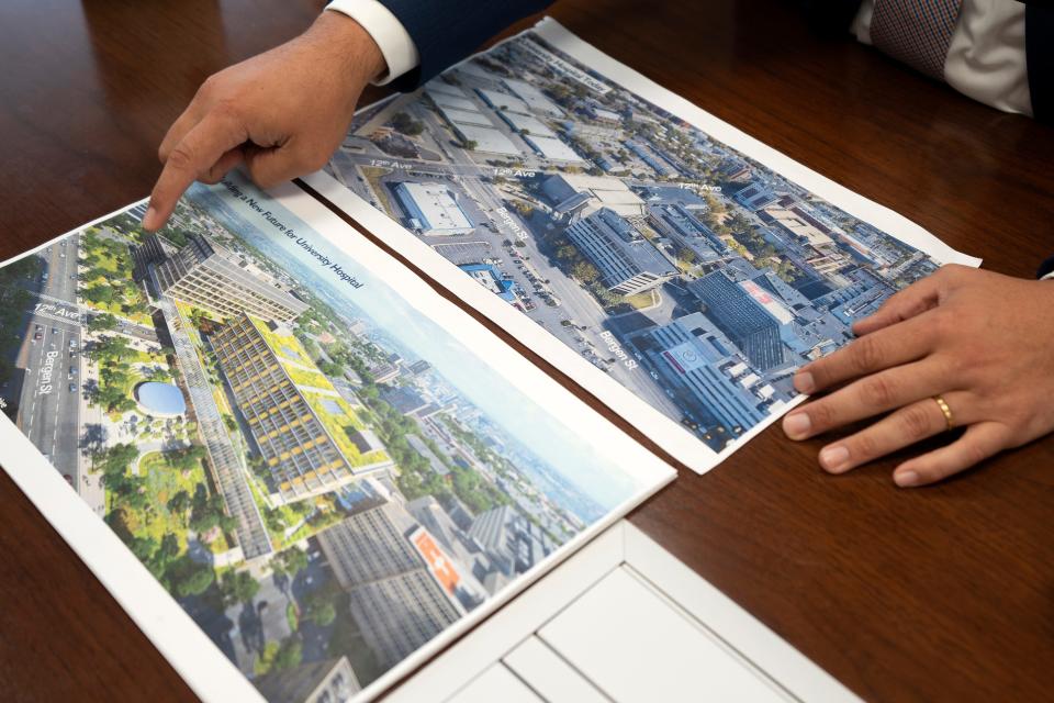 Edward Jimenez, president and chief executive officer at University Hospital in Newark displays a redevelopment rendering on Wednesday, August 16, 2023.