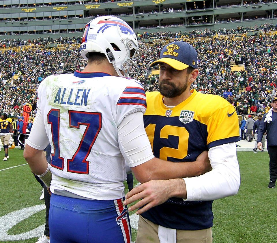 Aaron Rodgers and Josh Allen greet each other after a 2019 game. (Photo by Dylan Buell/Getty Images)