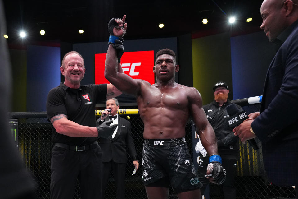 LAS VEGAS, NEVADA - OCTOBER 07: Joaquin Buckley reacts after defeating Alex Morono in a middleweight fight during the UFC Fight Night weigh-in at UFC APEX on October 07, 2023 in Las Vegas, Nevada. (Photo by Al Powers/Zuffa LLC via Getty Images)