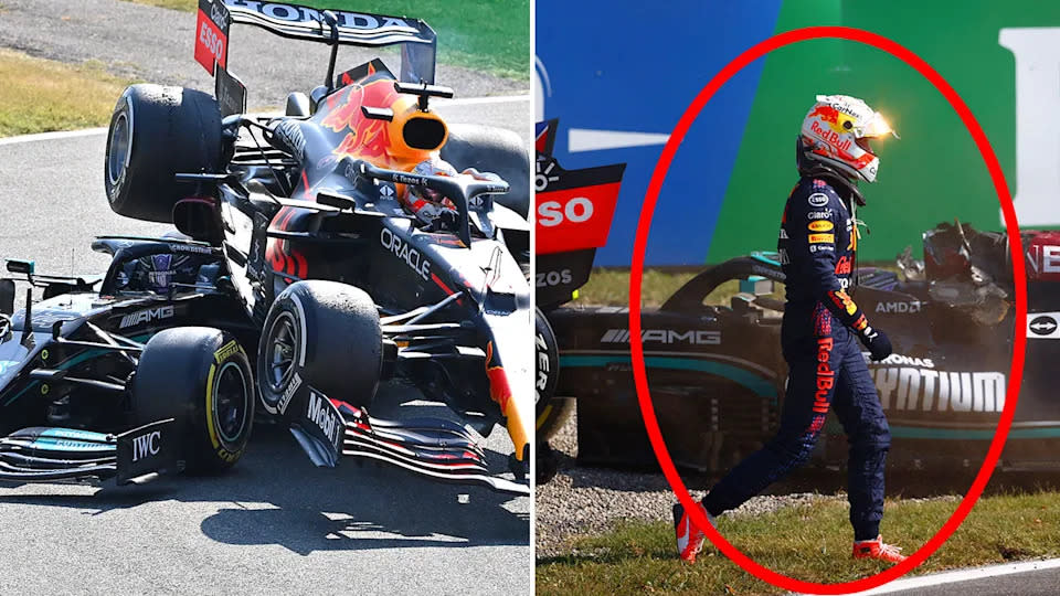 Max Verstappen is seen here walking back to the pits after the crash with Lewis Hamilton.