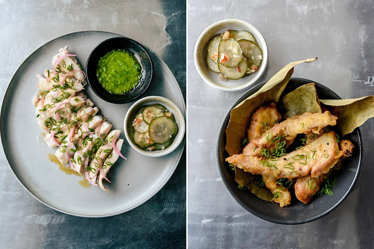 Chicken, two ways: Steamed, with spring onion pesto (left), and fried tenders, with aged calamansi salt (right).