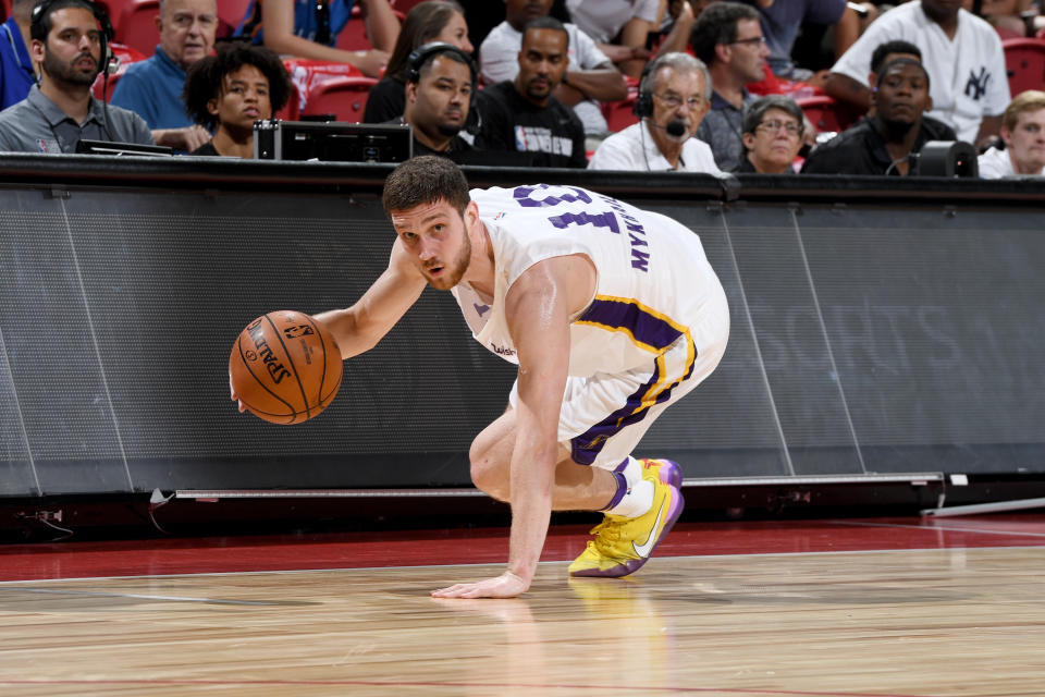 The Lakers’ Svi Mykhailiuk handles the ball Saturday at summer league in Las Vegas. (Getty Images)