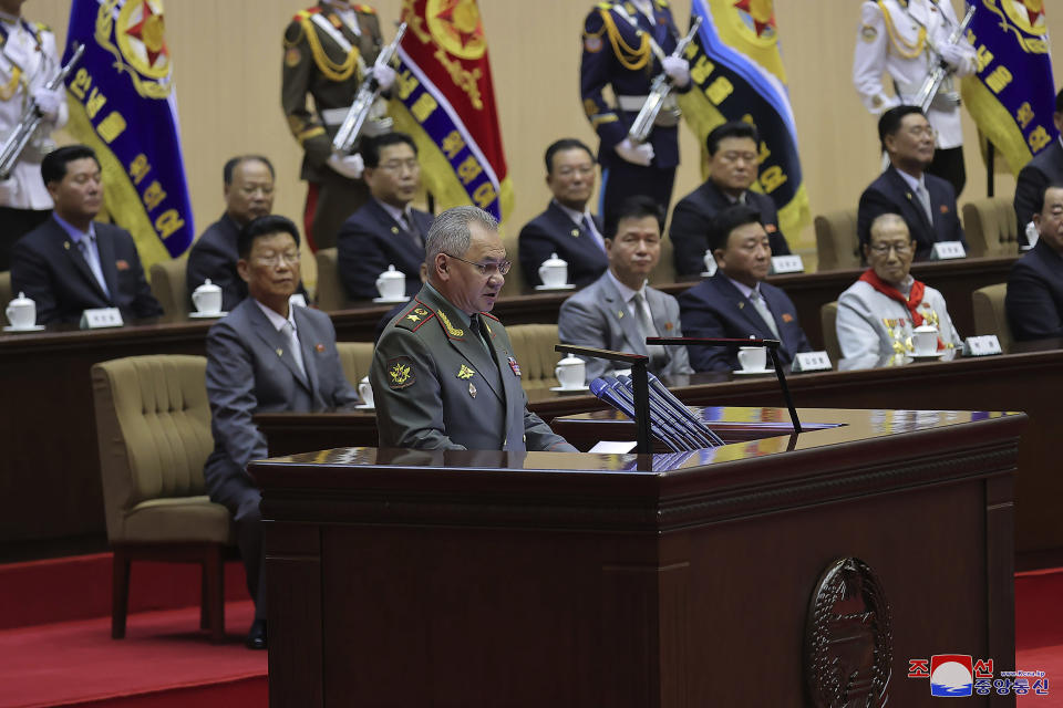 In this photo provided by the North Korean government, Russian Defense Minister Sergei Shoigu delivers a speech on behalf of Russian President Vladimir Putin during a meeting to mark the 70th anniversary of the armistice that halted fighting in the 1950-53 Korean War, in Pyongyang, North Korea Thursday, July 27, 2023. Independent journalists were not given access to cover the event depicted in this image distributed by the North Korean government. The content of this image is as provided and cannot be independently verified. Korean language watermark on image as provided by source reads: "KCNA" which is the abbreviation for Korean Central News Agency. (Korean Central News Agency/Korea News Service via AP)