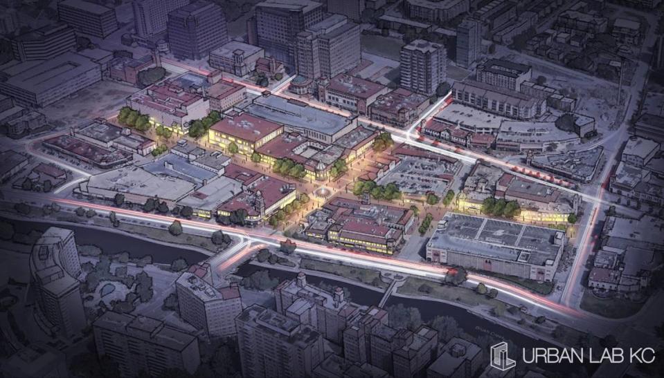 A rendering of Kansas City’s Country Club Plaza shopping district envisions making some streets pedestrian-only. The concept was prepared by Urban Lab KC.