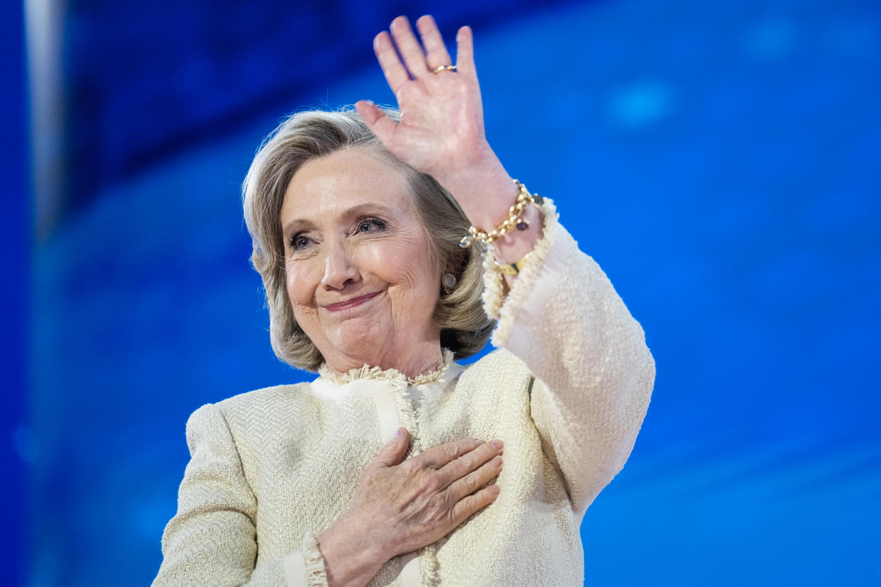 UNITED STATES - AUGUST 19: Hillary Clinton addresses the Democratic National Convention at the United Center in Chicago, Ill., on Monday, August 19, 2024. (Tom Williams/CQ-Roll Call, Inc via Getty Images)