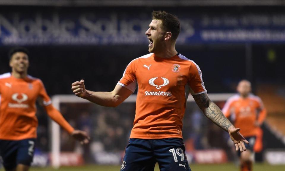 Luton Town’s James Collins celebrates scoring against Barnet