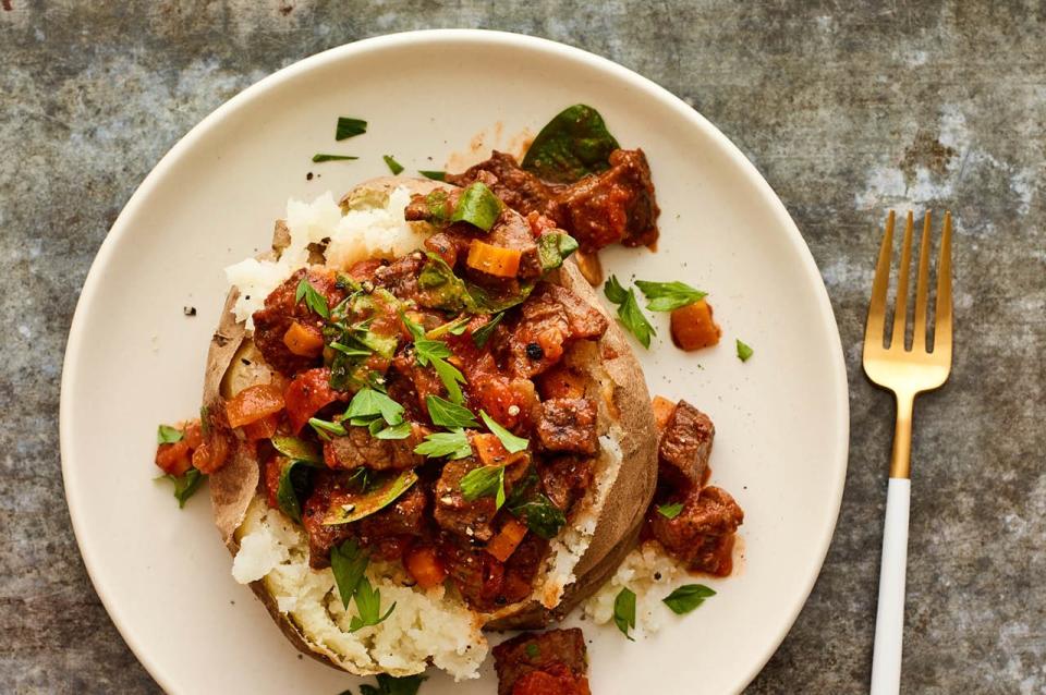 Slow-Cooker Braised Beef in Baked Potatoes