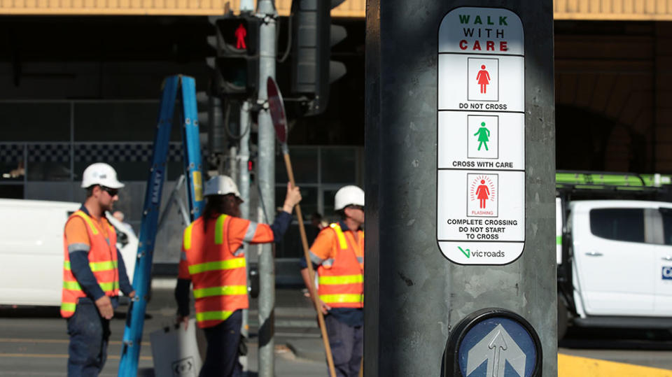 Female traffic light signals are installed at the intersection of Swanston and Flinders streets on March 7, 2017 in Melbourne. Source: Getty