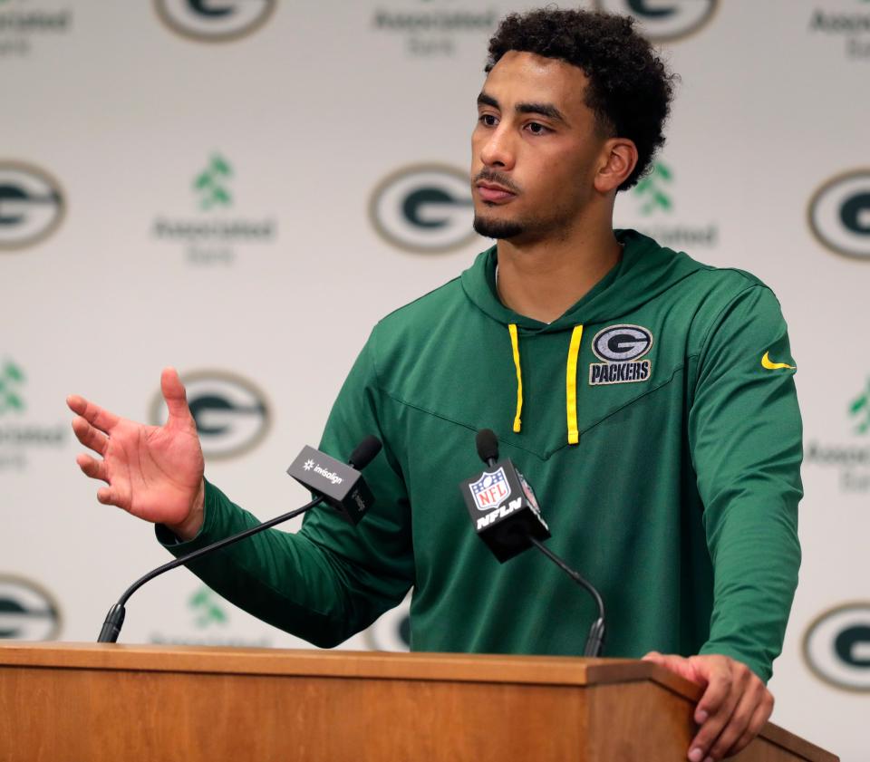 Green Bay Packers quarterback Jordan Love speaks to the media Wednesday.